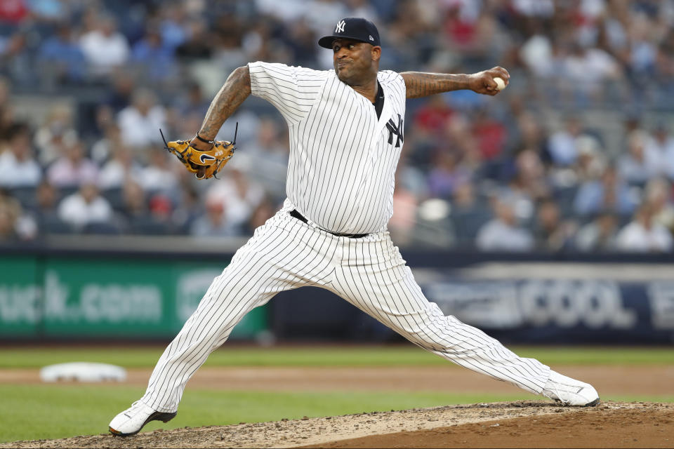 FILE - New York Yankees starting pitcher CC Sabathia throws during the fourth inning of the team's baseball game against the Tampa Bay Rays, July 16, 2019, in New York. Ichiro Suzuki headlines the group of players who are eligible for voting a year from now. That ballot is also expected to include Cy Young Award winners Sabathia and Félix Hernández — and the final chance for reliever Billy Wagner, who fell five votes short this time. (AP Photo/Kathy Willens)