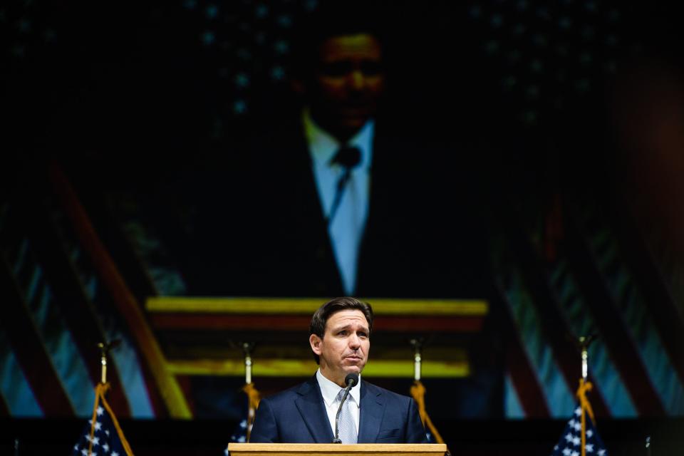 Florida Gov. Ron DeSantis speaks during the Utah Republican Party Organizing Convention at Utah Valley University in Orem on Saturday, April 22, 2023. | Ryan Sun, Deseret News