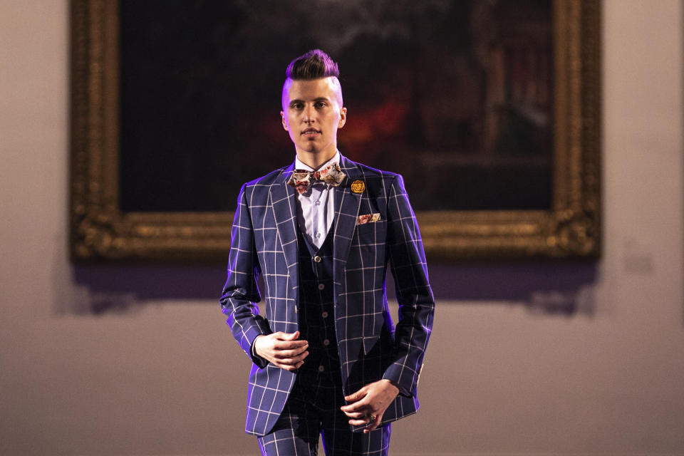 The Shane Ave. collection is modeled during the dapperQ fashion show at the Brooklyn Museum on Thursday Sept. 5, 2019, in New York. (AP Photo/Jeenah Moon)