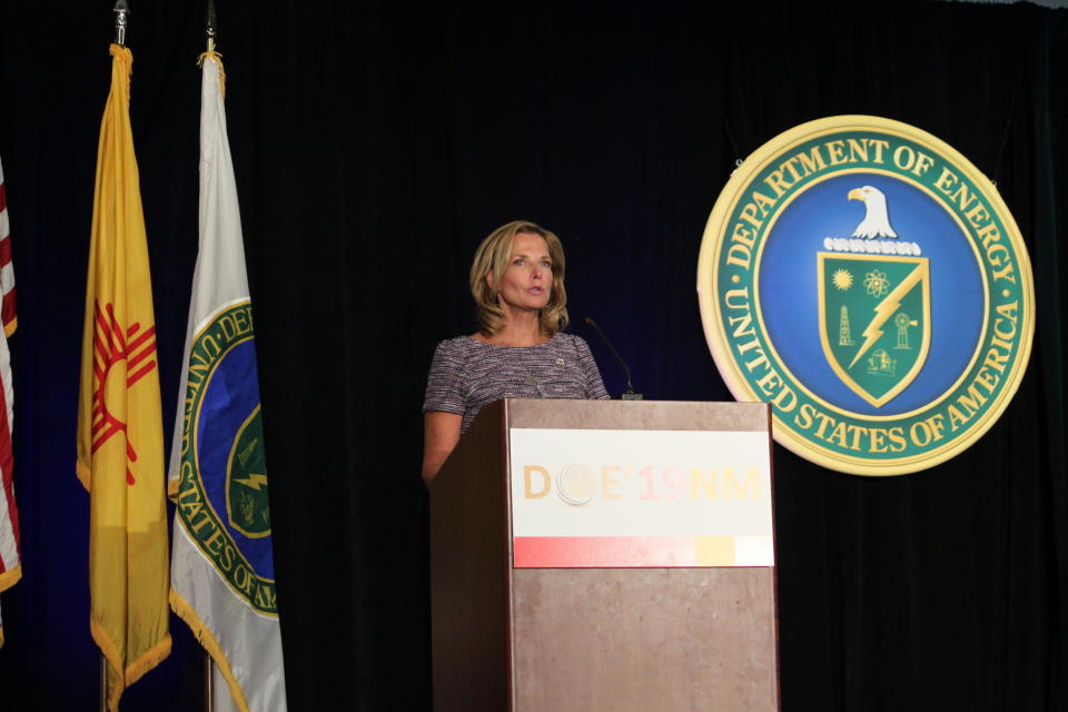 National Nuclear Security Administration administrator Lisa Gordon-Hagerty talks about her agency's work to reduce global nuclear threats during a business conference in Albuquerque, New Mexico, on Tuesday, Aug. 6, 2019. Gordon-Hagerty says the country is facing the most complex and demanding global security environment since the Cold War. (AP Photo/Susan Montoya Bryan)