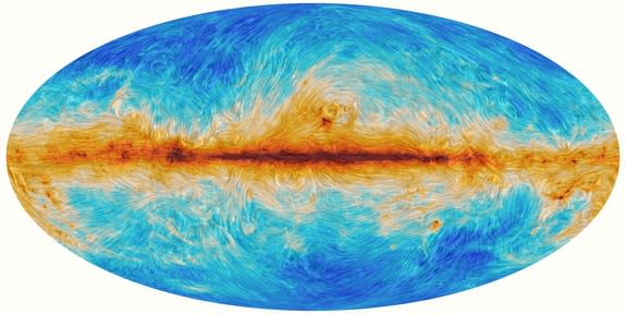 The most ancient light in the universe, known as the cosmic microwave background, seen by the European Space Agency's Planck satellite. The image also captures interstellar dust and the magnetic field of our galaxy. Planck used the CMB to estim
