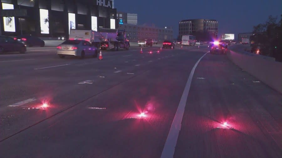 Authorities shut down multiple lanes of the 405 Freeway after a deadly crash in Culver City, CA on April 8, 2024. (Sky5)