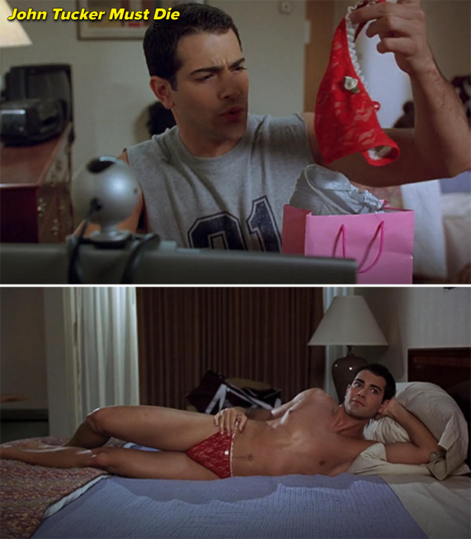 Jesse Metcalfe examines red lingerie in one scene and poses on a bed wearing the same lingerie in another scene, promoting Sex & Love themes