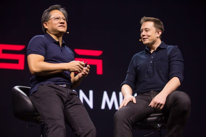 Nvidia CEO Jensen Huang and Tesla CEO Elon Musk at the GPU Technology Conference in San Jose, California.