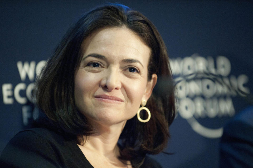 FILE- In this Friday, Jan. 28, 2011, file photo, Sheryl Sandberg, Chief Operating Officer of the social network service Facebook, speaks during a panel session at the 41st annual meeting of the World Economic Forum, WEF, in Davos, Switzerland. It's been a year since Sheryl Sandberg came out with "Lean In," her best-selling manifesto for working women. Since then, over 1.75 million copies have been sold; the book’s out in 28 languages. "Lean In: for Graduates," out Tuesday, includes the original text enhanced with new chapters, many containing concrete advice for graduates. For example: How to craft a resume (and get rid of those typos!). How to handle a first interview. And how to negotiate a first salary. (AP Photo/Keystone, Laurent Gillieron, File)