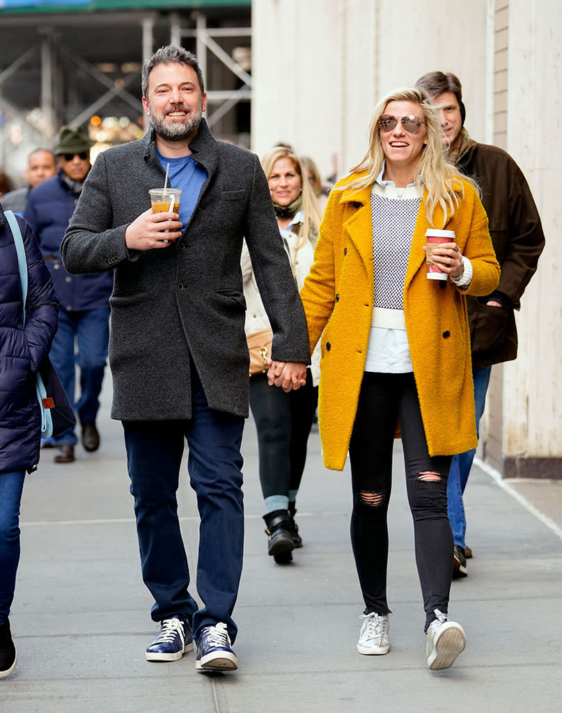 <p>Still together! The couple smiled big as they held hands and enjoyed a coffee date in New York City on Sunday. (Photo: Gotham/GC Images) </p>