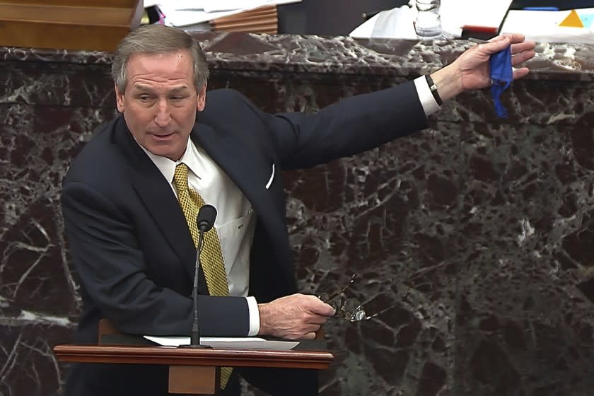 In this image from video, Michael van der Veen, an attorney for former President Donald Trump, answers a question from Sen. Bill Cassidy, R-La., during the second impeachment trial of former President Donald Trump in the Senate at the U.S. Capitol in Washington, Friday, Feb. 12, 2021. (Senate Television via AP)