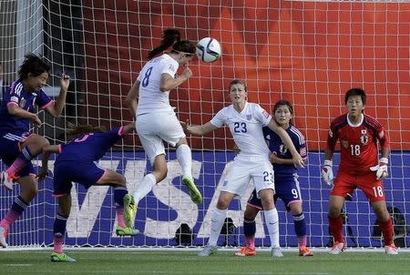 England forward Jill Scott (8) put a header on goal during the second half against Japan in the semifinals of the FIFA 2015 Women's World Cup at Commonwealth Stadium. Erich Schlegel-USA TODAY Sports