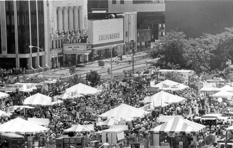 Large crowds attended the Ethnic Festival in downtown South Bend, as seen in this circa-1985 photograph. The view looks southeast toward the corner of Michigan Street and Jefferson Boulevard. (Provided/The History Museum)