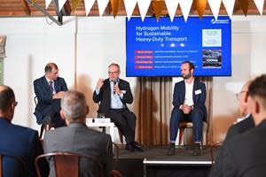 Westport Fuel Systems European Policy Panel “Hydrogen Mobility for Sustainable Heavy-Duty Transport,” in Brussels on September, 28th, 2022: panellists shown here are Zlatko Kregar, Policy Officer DG MOVE, European Commission and David Johnson, CEO Westport. Moderator is CillianTotterdell, Account Director, Energy, Climate and Transport Team FleishmanHillard.