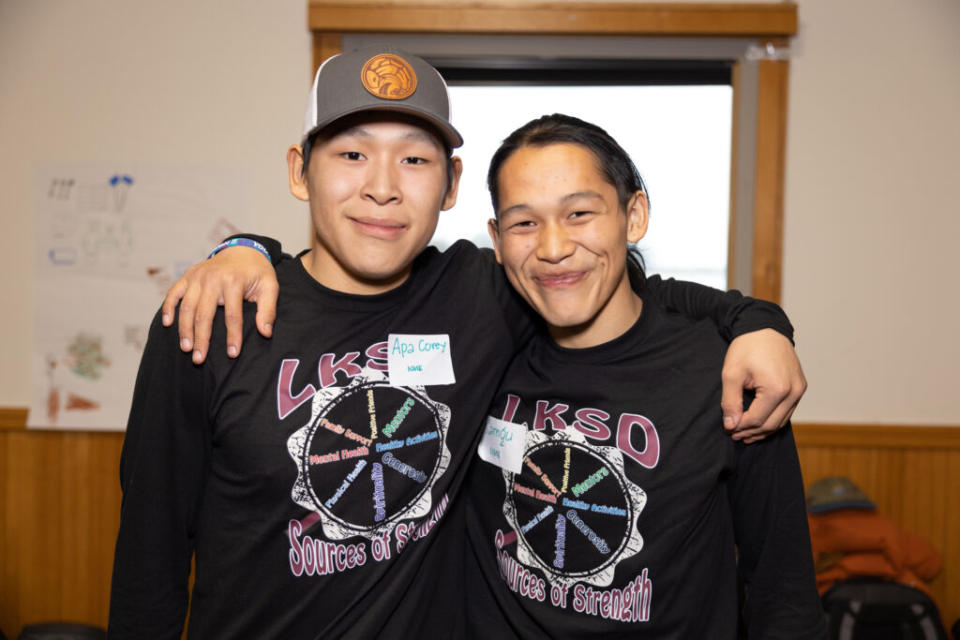 Brothers, Cory and Colby George, attend the Sources of Strength training in Bethel on Oct. 10. The twin brothers are from Nightmute and have been involved with Sources of Strength since spring 2022. (Katie Basile/Alaska Beacon)