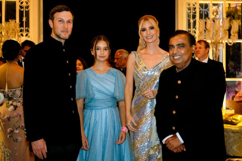 L to R: Jared Kushner, daughter Arabella and Ivanka Trump posing for a photograph with billionaire industrialist Mukesh Ambani, right, at a pre-wedding bash of Ambani's son Anant Ambani in Jamnagar, India, Friday, Mar. 01, 2024.