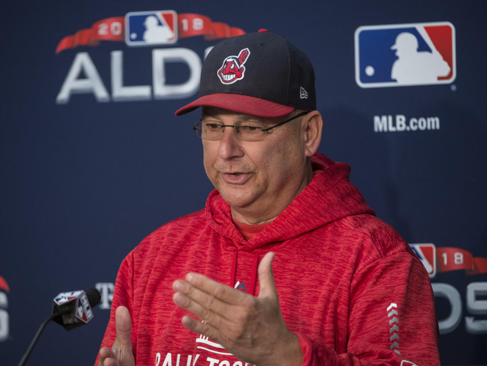 Cleveland Indians manager Terry Francona answers a question during a news conference before a workout in Cleveland, Sunday, Oct. 7, 2018. The Indians are scheduled to play the Houston Astros in the third game of their ALDS series Monday. (AP Photo/Phil Long)