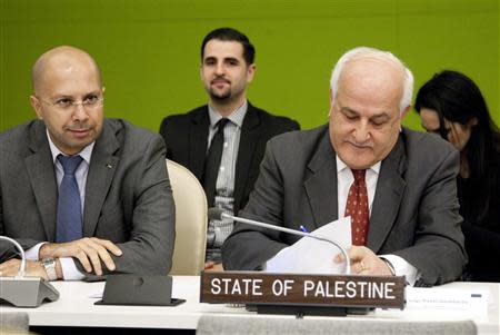 Ambassador Riyad Mansour (R), the chief Palestinian U.N. observer, fills out a ballot for the election of a judge for the International Tribunal for the Former Yugoslavia at the United Nation's headquarters in New York in this November 18, 2013 handout photo by the United Nations. REUTERS/Amanda Voisard/United Nations/Handout via Reuters