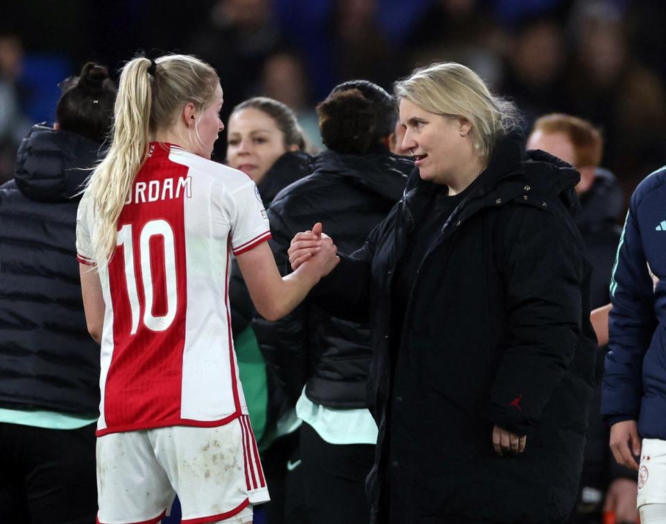 Emma Hayes, right, greets Nadine Noordam of Ajax (Action Images via Reuters)
