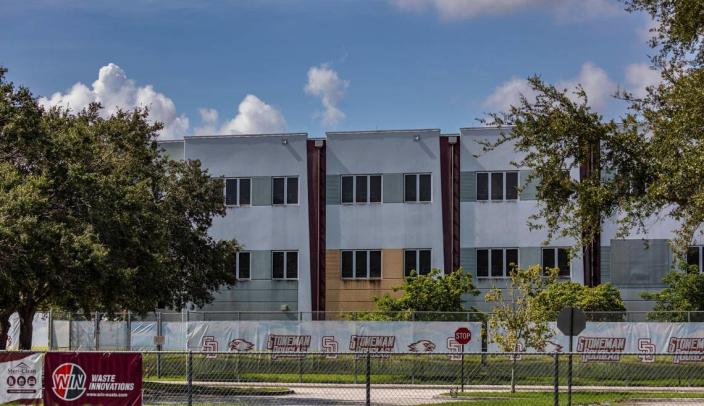 Parklandi, Florida - July 5, 2023 - View of the Freshman Building at Marjory Stoneman Douglass High School where 17 people died in a shooting back in February 14, 2018. Family members of the shooting victims at Marjory Stoneman Douglas High School visited the building today. The building will be demolished now that the trials are over.