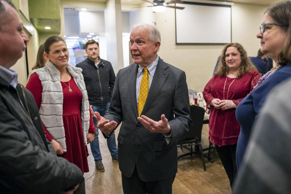 Former U.S. Attorney General Jeff Sessions campaigns for Alabama's Senate seat at the Blue Plate restaurant Thursday, Feb. 27, 2020, in Huntsville, Ala. Sessions faces a competitive primary Tuesday as he seeks to reclaim the U.S. Senate seat he held for 20 years. (AP Photo/Vasha Hunt)