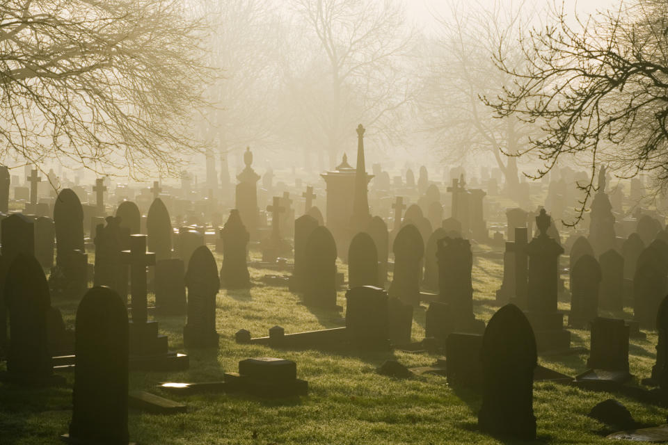 A cemetery on a foggy day.