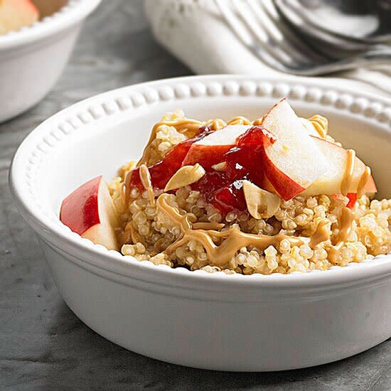 Try this quinoa breakfast for a gluten free swap for oatmeal. Topped with peanut butter, jelly, sliced fruit and peanuts, this breakfast quinoa will keep you energized for hours.