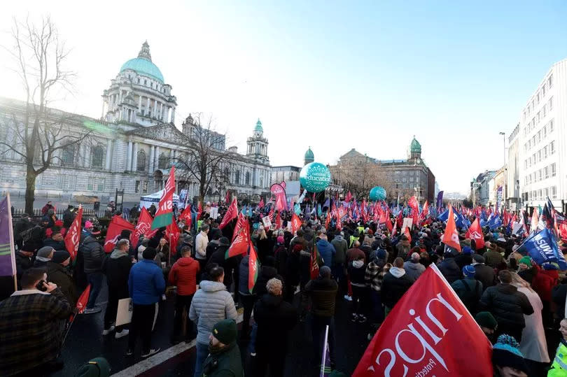 Tens of thousands of public sector workers take part in a major walkout over pay across Northern Ireland in January
