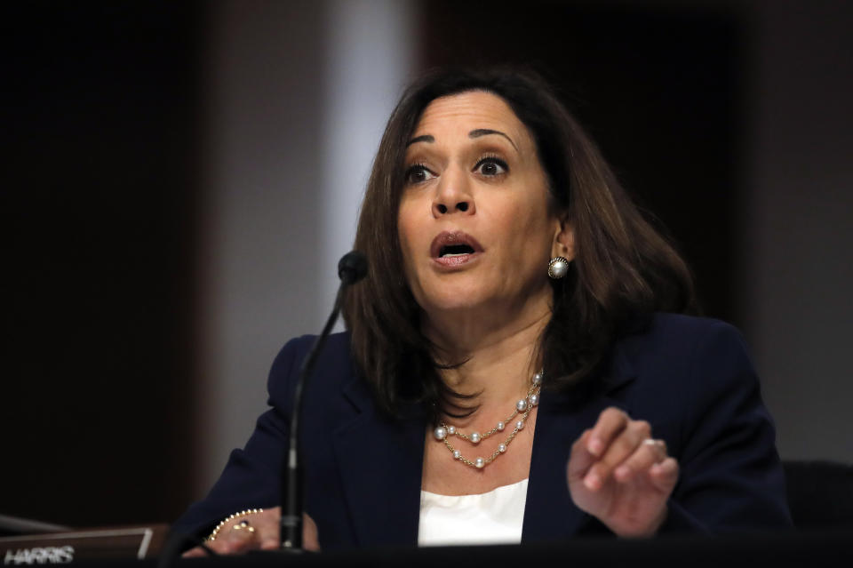 Sen. Kamala Harris, D-Calif., speaks during a Senate Judiciary Committee business meeting to consider authorization for subpoenas relating to the Crossfire Hurricane investigation, and other matters on Capitol Hill in Washington, Thursday, June 11, 2020. (AP Photo/Carolyn Kaster, Pool)