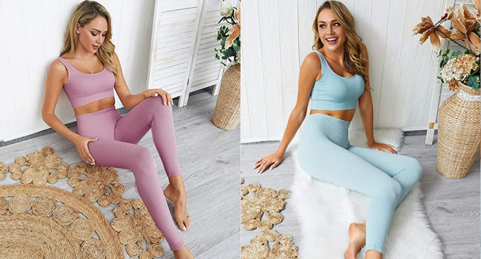 Amazon's Jetjoy Ribbed Seamless Yoga Outfit is trending online. Images via Amazon.