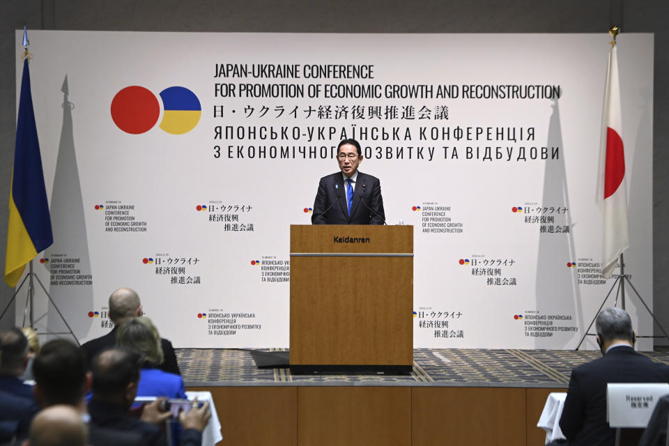 Japanese Prime Minister Fumio Kishida delivers a speech during the Japan-Ukraine Conference for Promotion of Economic Growth and Reconstruction at Keidanren Kaikan in Tokyo Monday, Feb. 19, 2024. (Kazuhiro Nogi/Pool Photo via AP)