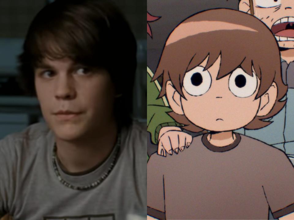 left: johnny simmons as young neil in scott pilgrim, wearing a grey tshirt and with floppy brown hair; right: young neil in the anime, frowning slightly and with floppy brown hair