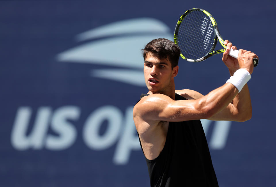 NEW YORK, NEW YORK - AUGUST 23: Carlos Alcaraz of Spain trains in preparation for the 2024 US Open at the USTA Billie Jean King National Tennis Center on August 23, 2024 in New York City. (Photo by Jamie Squire/Getty Images)