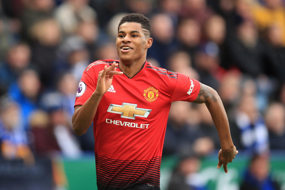 LEICESTER, ENGLAND - FEBRUARY 03: Marcus Rashford of Manchester United celebrates scoring their 1st goal during the Premier League match between Leicester City and Manchester United at The King Power Stadium on February 3, 2019 in Leicester, United Kingdom. (Photo by Marc Atkins/Getty Images)