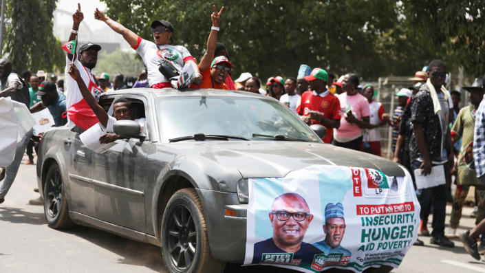 Supporters of Nigeria's Labor Party (LP) during a march for the LP presidential candidate Peter Obi in Abuja, Nigeria -18 February 2023