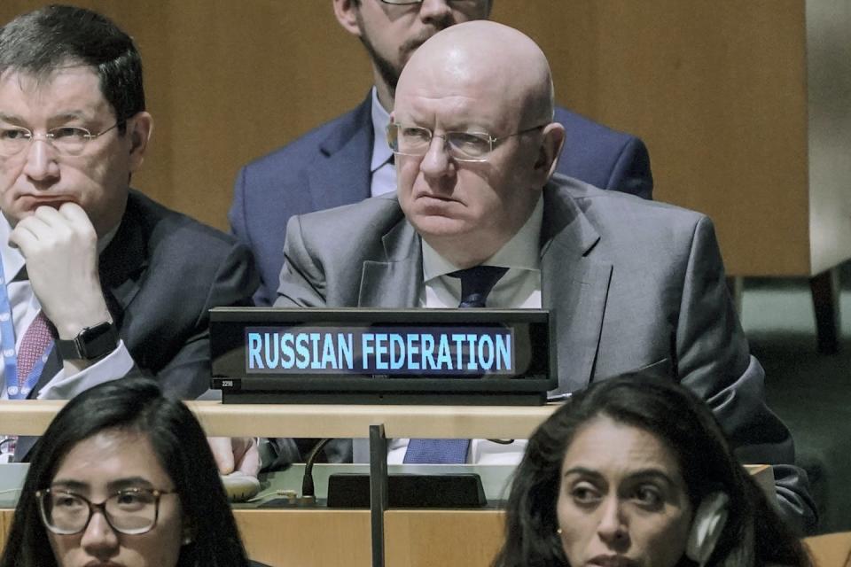 Russia’s UN ambassador, Vassily Nebenzia, listens before the General Assembly vote in February upholding Ukraine’s territorial integrity and calling for a cessation of hostilities. Bebeto Matthews/AP