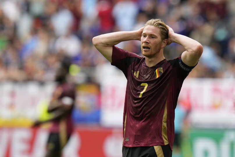 Belgium's Kevin De Bruyne gestures after missing a chance during a round of sixteen match between France and Belgium at Euro 2024 