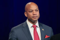Wes Moore, a best-selling author and former CEO of the Robin Hood Foundation, stands at a podium just before a debate at Maryland Public Television's studio in Owings Mills, Md., June 6, 2022. One of the best opportunities for Democrats to regain a governor’s office this year is in Maryland, and the race to succeed term-limited Republican Larry Hogan has drawn a crowd of candidates. (AP Photo/Brian Witte)