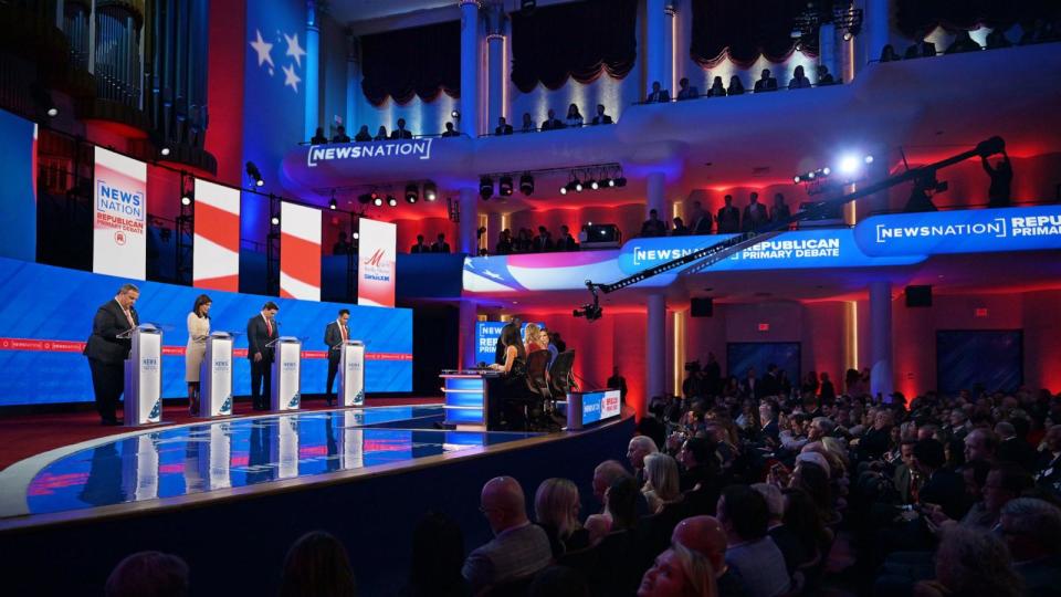 PHOTO: Republican presidential candidates (L-R) Chris Christie, Nikki Haley, Ron DeSantis and Vivek Ramaswamy participate in the NewsNation Republican Presidential Primary Debate at the University of Alabama on Dec. 6, 2023 in Tuscaloosa, Ala. (Brandon Bell/Getty Images)