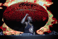 Former NBA basketball player Shaquille O' Neal DJ's at Shaq's Fun House, Saturday, Feb. 1, 2020, in Miami. This carnival themed music festival is one of numerous events taking place in advance of Miami hosting Super Bowl LIV on Feb. 2. (AP Photo/Lynne Sladky)