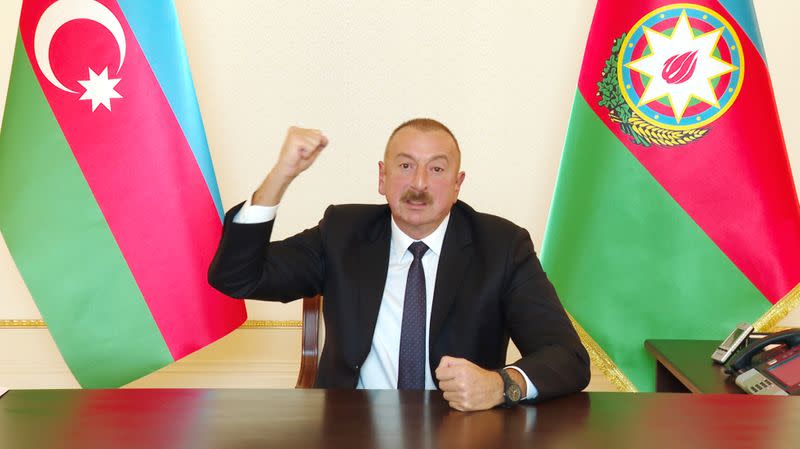 Azerbaijan's President Ilham Aliyev speaks during an address to the nation in Baku