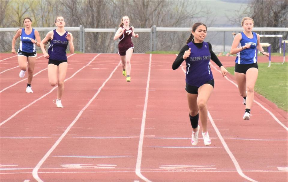 Little Falls freshman Mia Gonzalez wins the 200-meter race at a three-team dual with Frankfort-Schuyler and Dolgeville Tuesday.