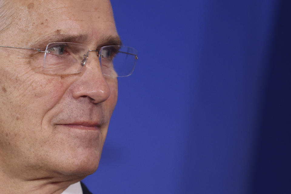 NATO Secretary General Jens Stoltenberg listens to the President of the Council of Ministers of Bosnia and Herzegovina Borjana Kristo, during a joint news conference, in Sarajevo, Bosnia, Monday, Nov. 20, 2023. (AP Photo/Armin Durgut)