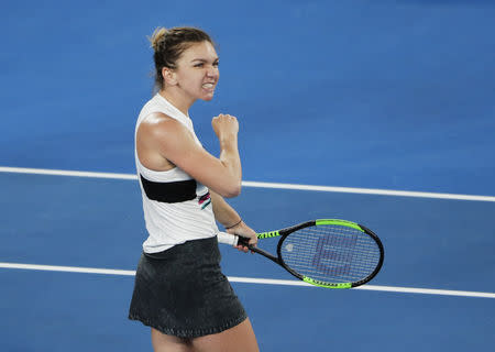 Tennis - Australian Open - Second Round - Melbourne Park, Melbourne, Australia, January 17, 2019. Romania's Simona Halep celebrates after winning the match against Sofia Kenin of the U.S. REUTERS/Adnan Abidi