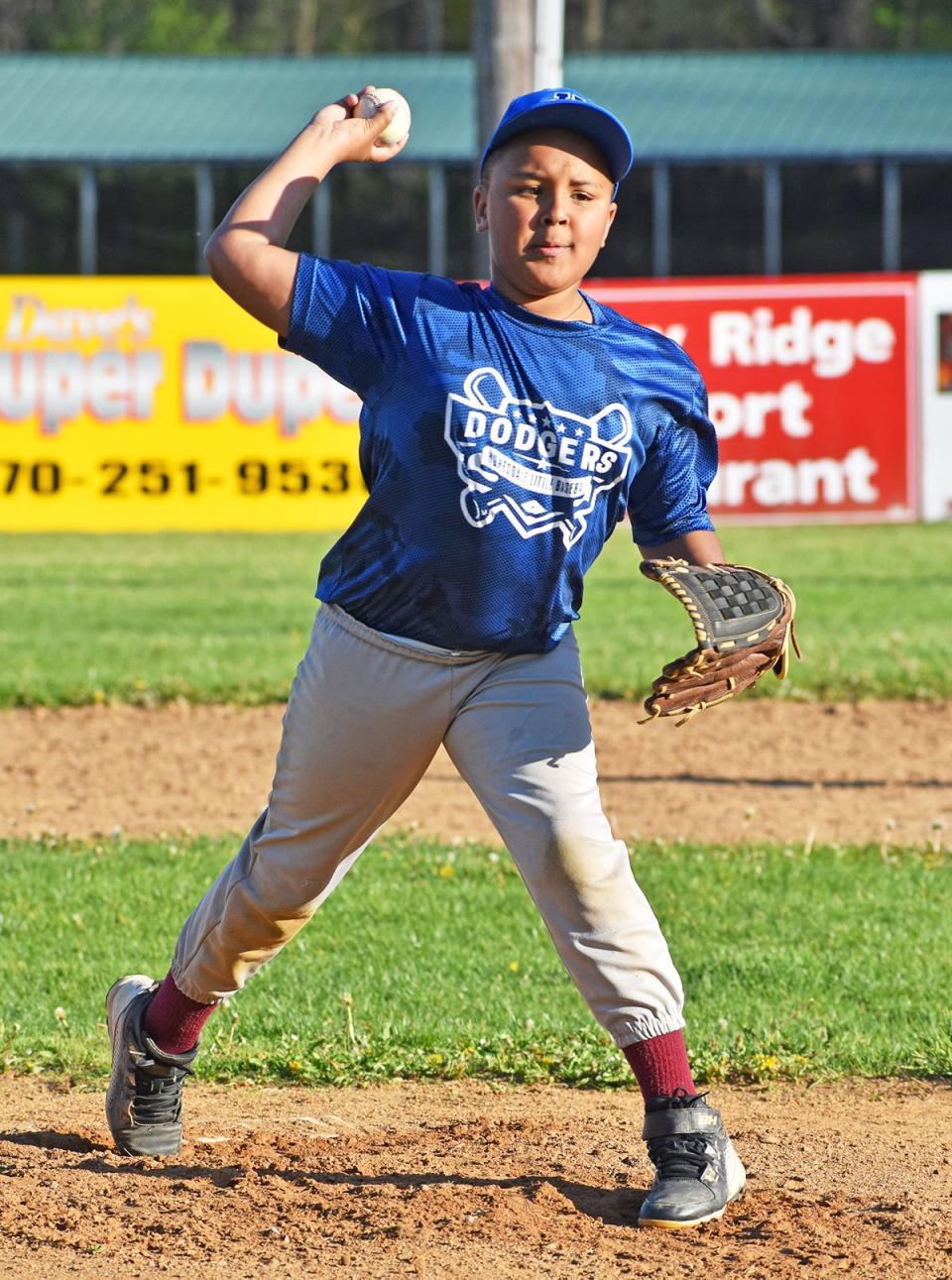 Isaiah Young of the Wayne Bank Dodgers deals to the dish on Opening Day of the 2023 Honesdale Little Baseball Association season.
