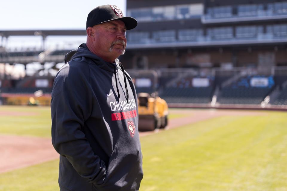 El Paso Chihuahuas Manager Phillip Wellman prepares to talk to the media on media day at the Southwest University Park on Wednesday, March 29, 2023.