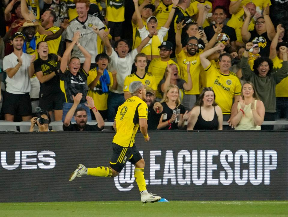 Aug 25, 2024; Columbus, Ohio, USA; 
Columbus Crew forward Cucho Hernández (9) scores first against Los Angeles FC in the Leagues Cup Final at Lower.com Field. 
Mandatory Credit: Barbara Perenic-USA TODAY Sports