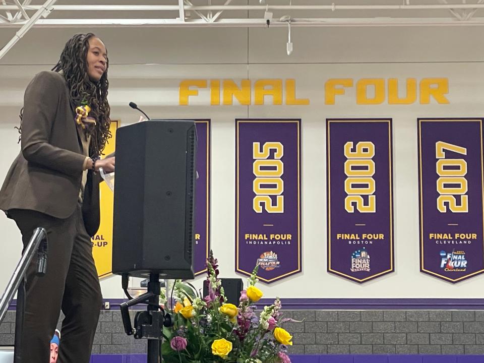 LSU women's basketball icon Seimone Augustus addresses the audience during her state unveiling ceremony inside the LSU basketball practice facility Sunday, Jan. 15, 2023.