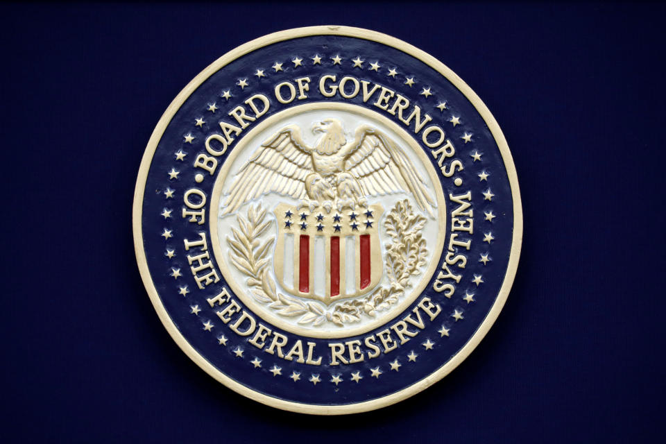 The Federal Reserve seal is seen during Chairman Jerome Powell news conference following the two-day meeting of the Federal Open Market Committee (FOMC) meeting on interest rate policy in Washington, U.S., January 29, 2020. REUTERS/Yuri Gripas