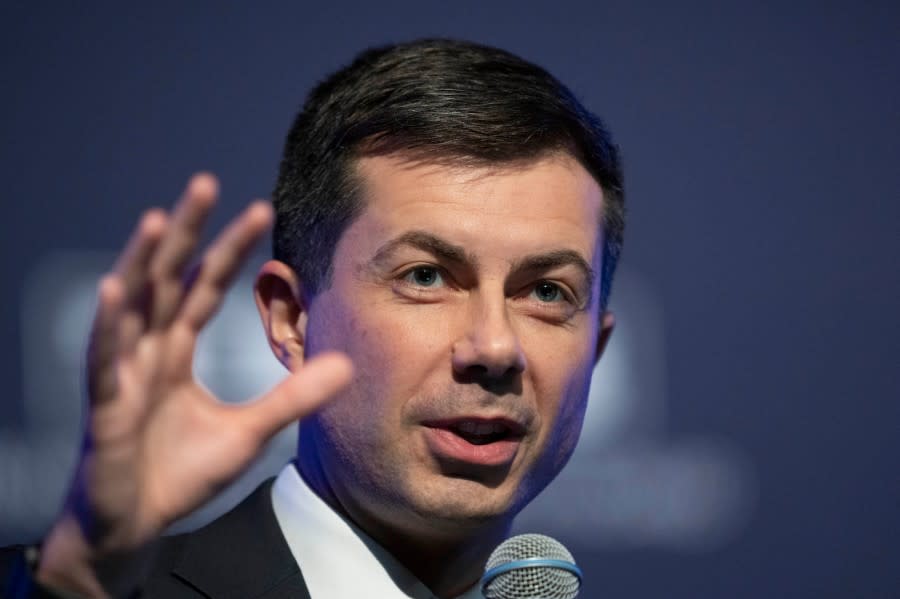 <em>Transportation Secretary Pete Buttigieg, speaks to the Transportation Research Board gathering in Washington, Wednesday, Jan. 11, 2023. The world’s largest aircraft fleet was grounded for hours by a cascading outage in a government system that delayed or canceled thousands of flights across the U.S. on Wednesday. (AP Photo/Manuel Balce Ceneta)</em>