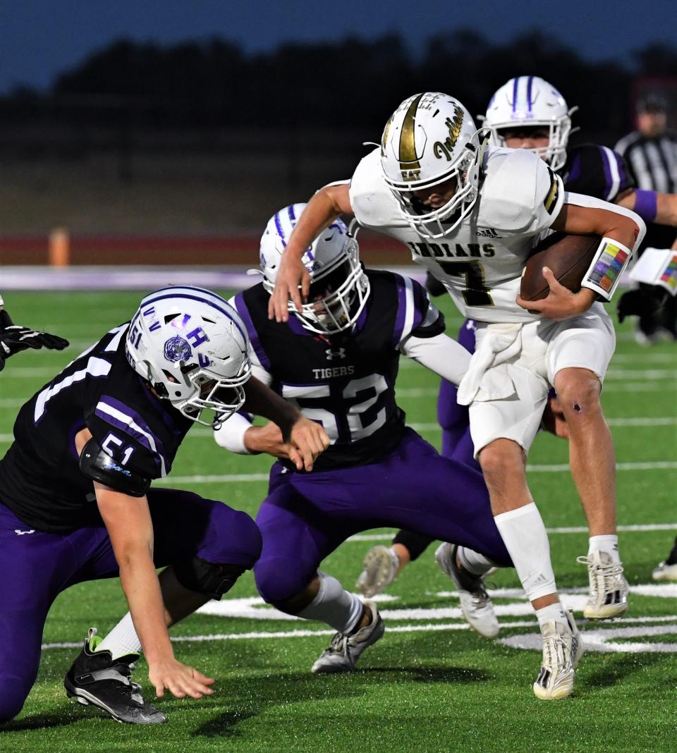 Comanche's Layden Welch avoids Jacksboro's Jackson McComis on Oct. 14 in Jacksboro.