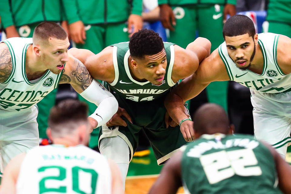 Daniel Theis, Jayson Tatum and the Boston Celtics would have their hands full with Giannis Antetokounmpo's Milwaukee Bucks. (Adam Glanzman/Getty Images)