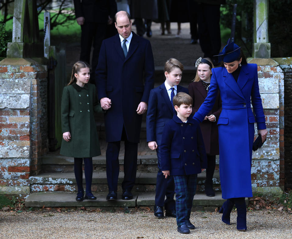 SANDRINGHAM, NORFOLK - DECEMBER 25: (L-R) Princess Charlotte, Prince William, Prince of Wales, Prince George, Prince Louis, Mia Tindall and Catherine, Princess of Wales attend the Christmas Morning Service at Sandringham Church on December 25, 2023 in Sandringham, Norfolk. (Photo by Stephen Pond/Getty Images)