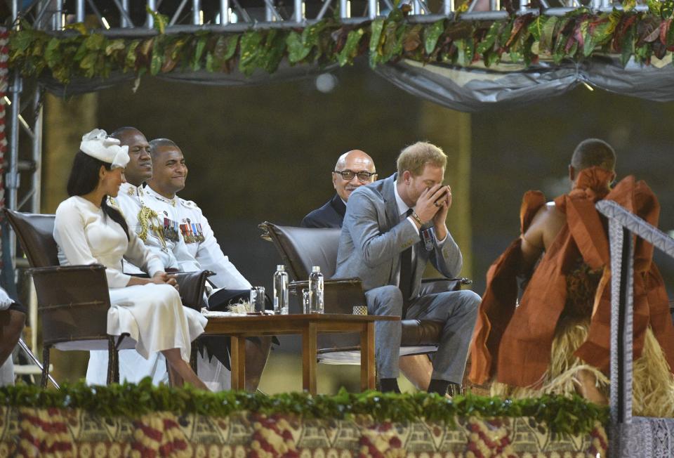 The royal couple at a traditional welcome ceremony. Photo: Getty